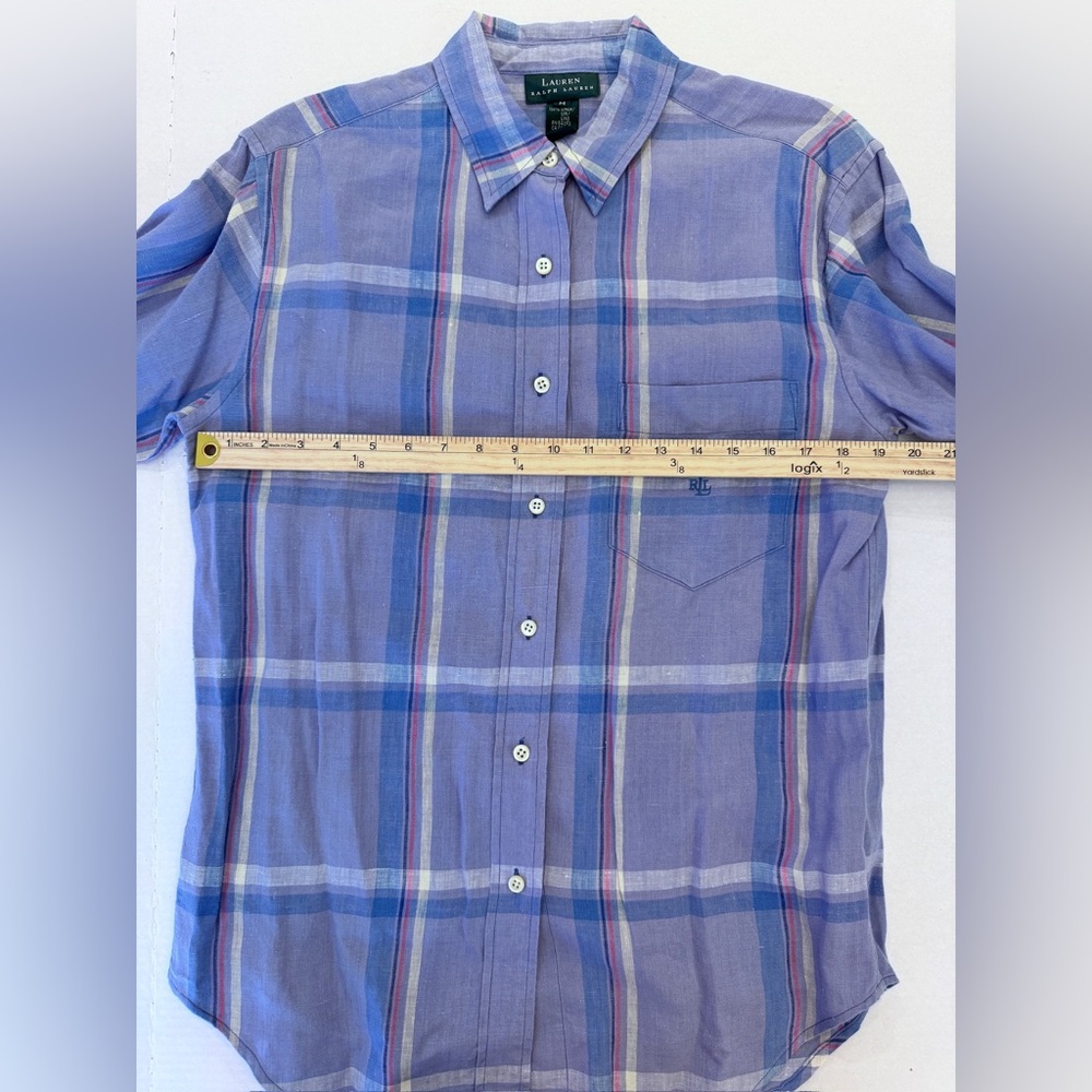Lauren Ralph Lauren Womens 100% Linen Plaid Button Up Purple Blue Medium Preppy - Picture 9 of 9
